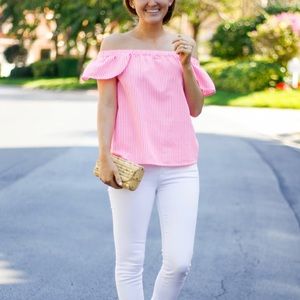 Vineyard Vines striped pink off the shoulder top